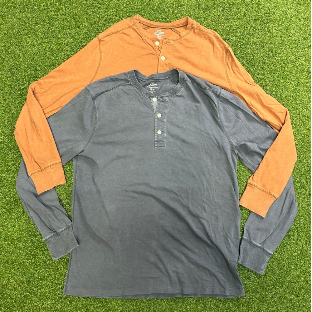 J.Crew Mens Slub Cotton Henley Shirt 2 Pack Blue Orange Long Sleeve Large